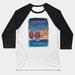 Amsterdam The Netherlands Travel Poster at Night Baseball T-Shirt